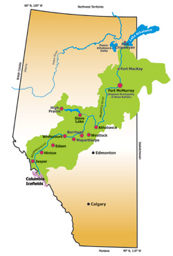 Map of the Athabasca River Basin showing various geographical features